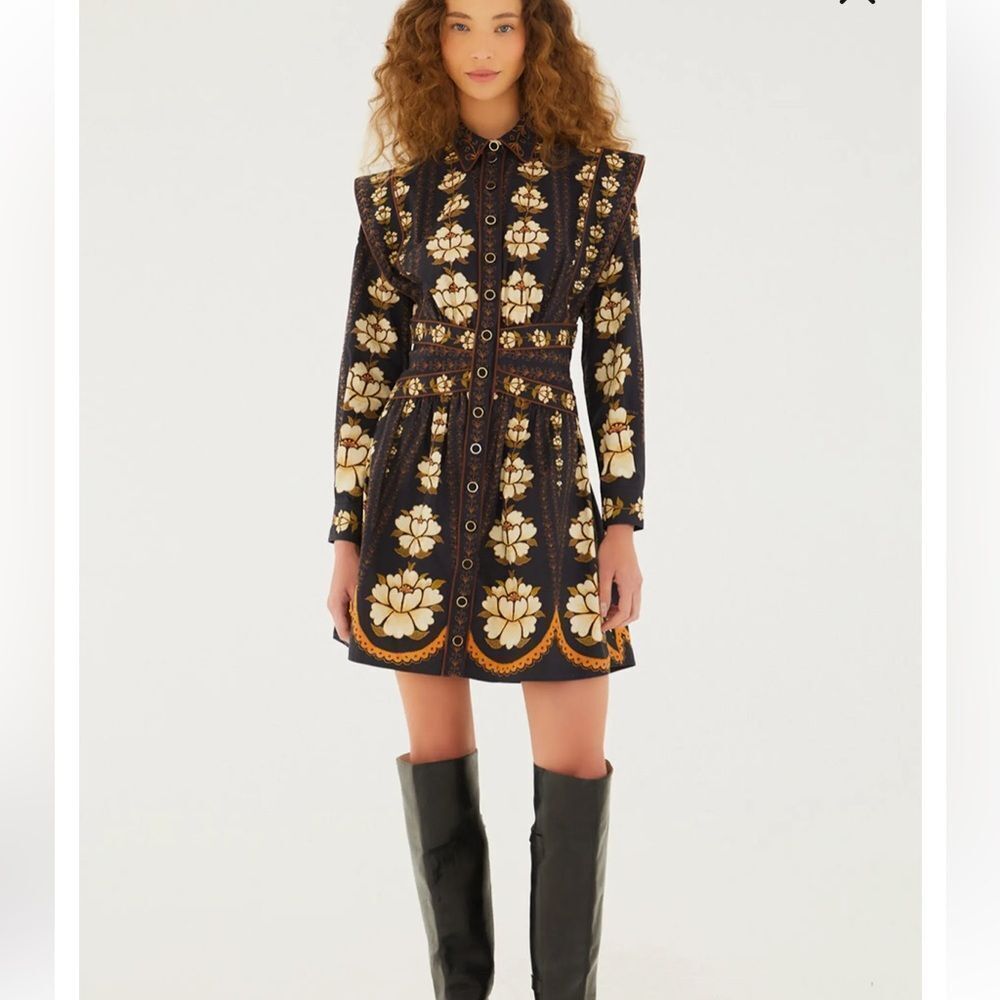 FARM Rio Black Embroidered Flowers Long Sleeve Organic Cotton Mini Dress